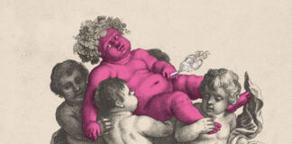 Albumcover "Arbeitenix". drei Engel tragen einen augenscheinlich betrunkenen Engel, der pink ist.