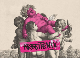 Albumcover "Arbeitenix". drei Engel tragen einen augenscheinlich betrunkenen Engel, der pink ist.