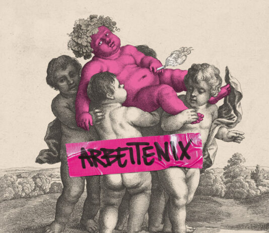 Albumcover "Arbeitenix". drei Engel tragen einen augenscheinlich betrunkenen Engel, der pink ist.