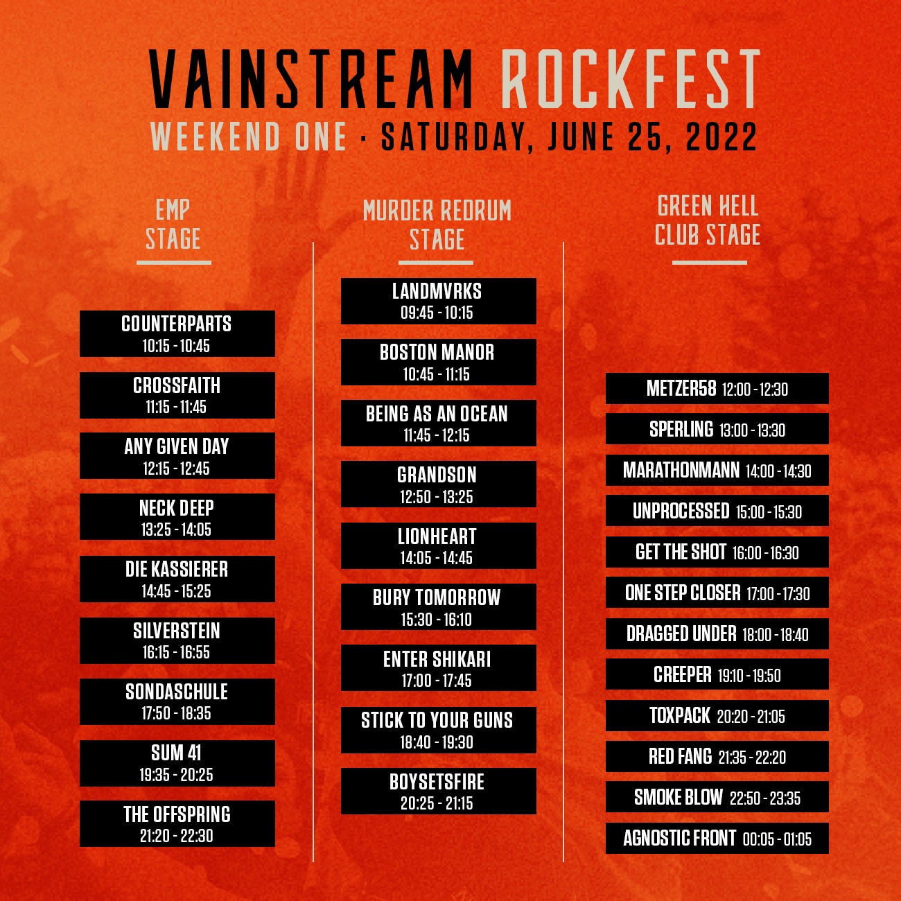 vainstream timetable weekend one